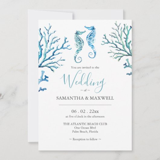 ビーチ結婚式招待状ウォーターカラーシーホース 招待状 (正面)