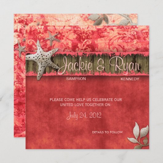 ビーチ結婚式招待状シーシェルコーラルレッド セーブザデート (正面/裏面)