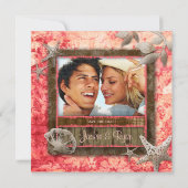 ビーチ結婚式招待状シーシェルコーラルレッド セーブザデート (裏面)