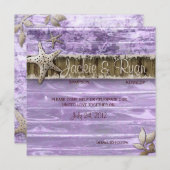 ビーチ結婚式招待状シーシェルパープルヴィンテージウッド セーブザデート (正面/裏面)