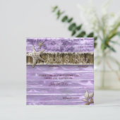 ビーチ結婚式招待状シーシェルパープルヴィンテージウッド セーブザデート (スタンド正面)