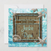 ビーチ結婚式招待状シーシェルブルーウッド セーブザデート (裏面)