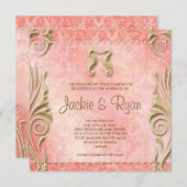 ビーチ結婚式招待状シーホースヴィンテージコーラル金ゴールド 招待状 (正面/裏面)