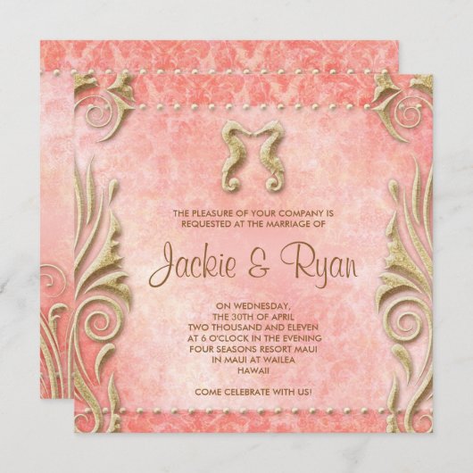 ビーチ結婚式招待状シーホースヴィンテージコーラル金ゴールド 招待状 (正面/裏面)