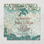 ビーチ結婚式招待状ドルフィンズヴィンテージティール（緑がかった色） 招待状 (正面/裏面)