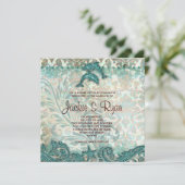 ビーチ結婚式招待状ドルフィンズヴィンテージティール（緑がかった色） 招待状 (スタンド正面)