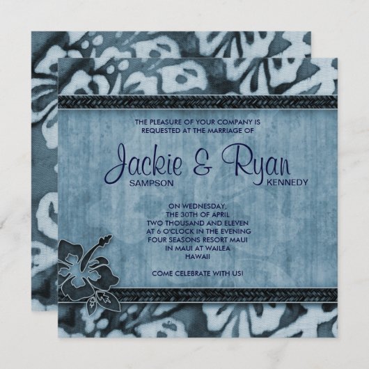 ビーチ結婚式招待状ハイビスカスブルーデニム 招待状 (正面/裏面)