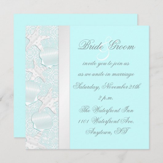 ビーチ結婚式招待状（ヒトデとシーシェル付き） 招待状 (正面/裏面)