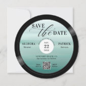 ビーチ結婚式日付の保存ヴィンテージ音楽ビニルQR セーブザデート (正面)