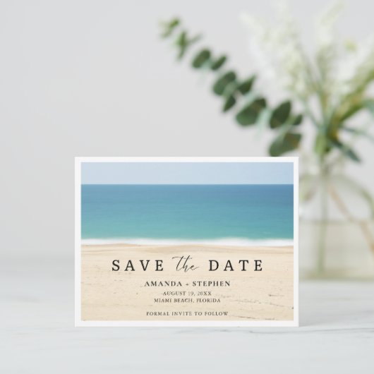 ビーチ結婚式日付の保存 案内ポストカード (スタンド正面)