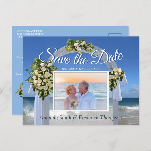 ビーチ結婚式日付の保存 案内ポストカード (正面/裏面)