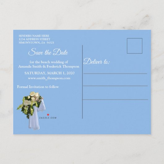 ビーチ結婚式日付の保存 案内ポストカード (裏面)