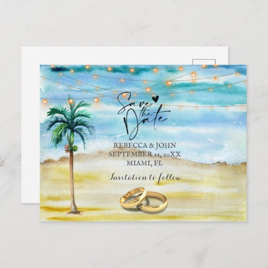 ビーチ結婚式日付はがきを保存する 案内ポストカード (正面/裏面)