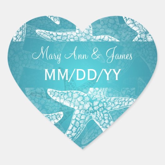 ビーチ結婚式日付ヒトデ青 ハートシール (正面)