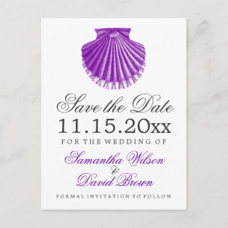 ビーチ結婚式日付ホタテ貝殻の紫色を保存 案内ポストカード