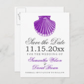 ビーチ結婚式日付ホタテ貝殻の紫色を保存 案内ポストカード (正面/裏面)