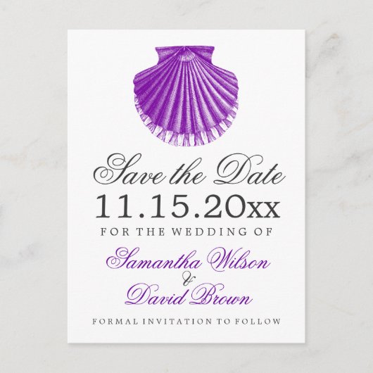 ビーチ結婚式日付ホタテ貝殻の紫色を保存 案内ポストカード (正面)