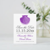 ビーチ結婚式日付ホタテ貝殻の紫色を保存 案内ポストカード (スタンド正面)