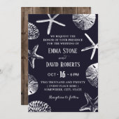 ビーチ結婚式素朴スターフィッシュ&シーシェルネイビーブルー 招待状 (正面/裏面)