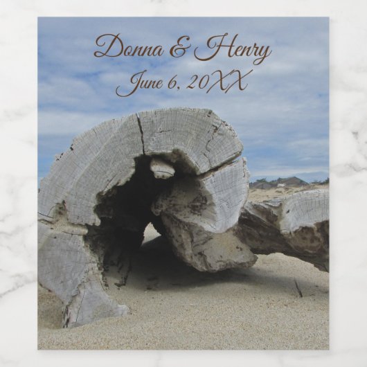 ビーチ結婚式美しい流木の写真海 ワインラベル (シングルラベル)