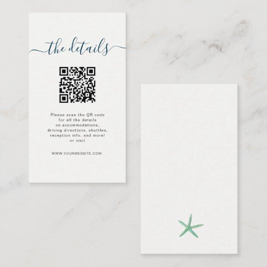 ビーチ結婚式詳細カードとQRコード プレイスカード (正面/裏面)