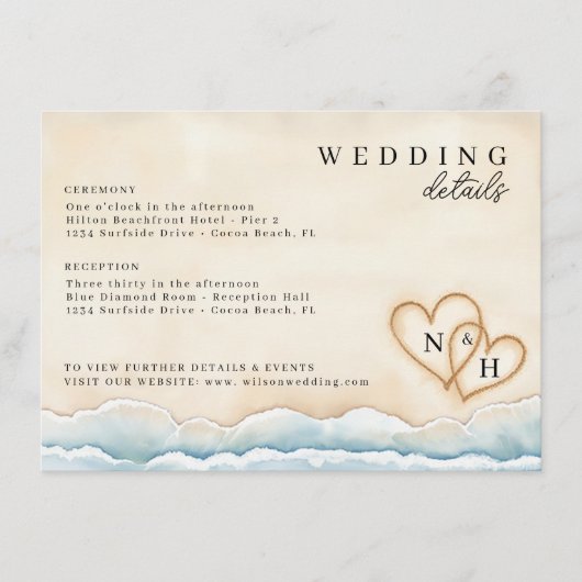 ビーチ結婚式詳細カード(水色ハート) エンクロージャーカード (正面)