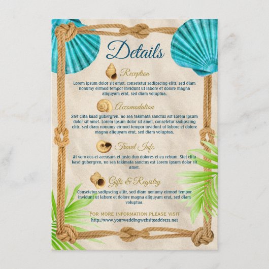 ビーチ結婚式詳細ターコイズシーシェルロープパーム エンクロージャーカード (正面)
