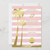 ビーチ結婚式金ゴールドグリッターパームツリーズピンクストライプ色 招待状 (正面)