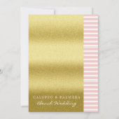 ビーチ結婚式金ゴールドグリッターパームツリーズピンクストライプ色 招待状 (裏面)