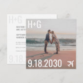 ビーチ結婚式飛行機の目的地の正方形の写真 セーブザデート (正面/裏面)