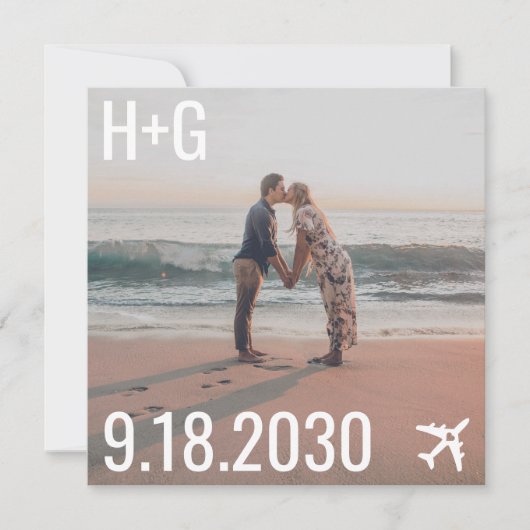 ビーチ結婚式飛行機の目的地の正方形の写真 セーブザデート (正面)