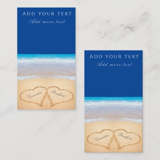 ビーチ結婚式2ハートサンドダークブルー エンクロージャーカード (正面/裏面)