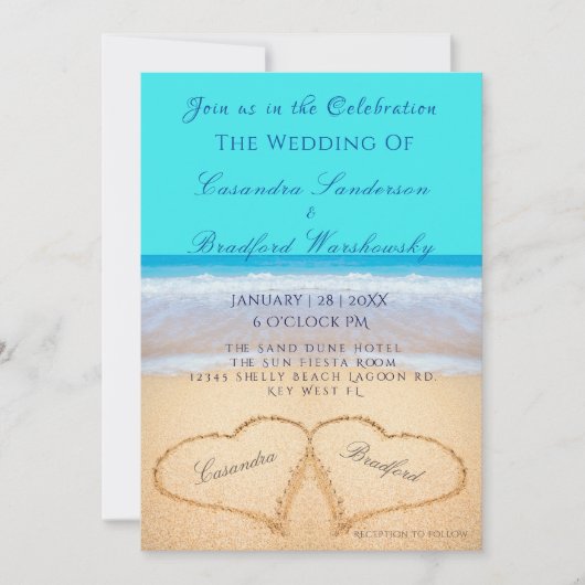 ビーチ結婚式2ハートサンドティール(緑がかった色)ブルー招待状 招待状 (正面)