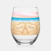 ビーチ結婚式2ハートサンド赤面ピンクサンセット ステムなしワイングラス (正面)
