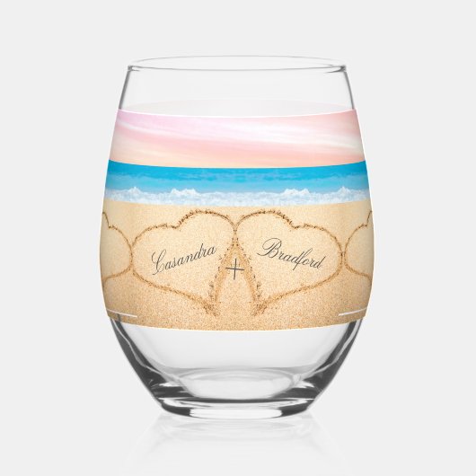 ビーチ結婚式2ハートサンド赤面ピンクサンセット ステムなしワイングラス (正面)