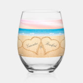 ビーチ結婚式2ハートサンド赤面ピンクサンセット ステムなしワイングラス (裏面)