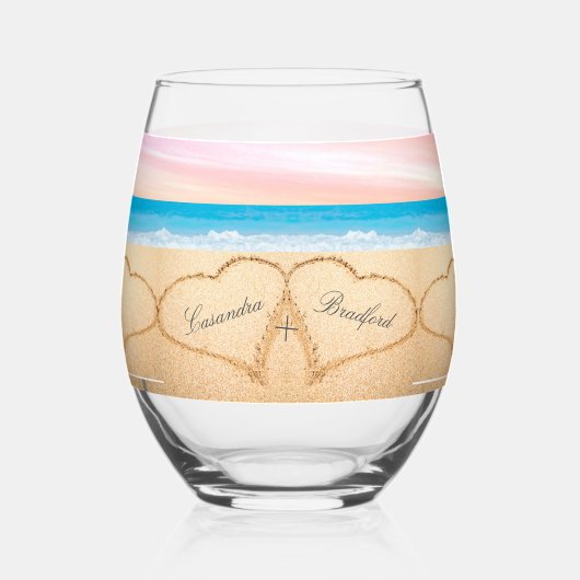 ビーチ結婚式2ハートサンド赤面ピンクサンセット ステムなしワイングラス (裏面)