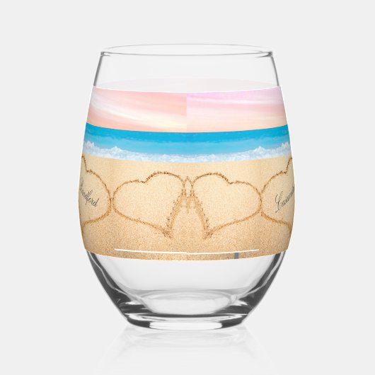 ビーチ結婚式2ハートサンド赤面ピンクサンセット ステムなしワイングラス (右)