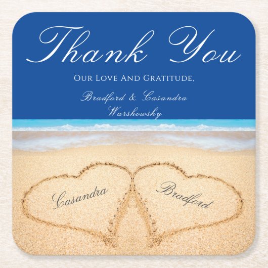 ビーチ結婚式2ハート結婚ズ スクエアペーパーコースター (正面)