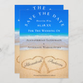 ビーチ結婚式2砂のハート日付の保存 招待状 (正面/裏面)