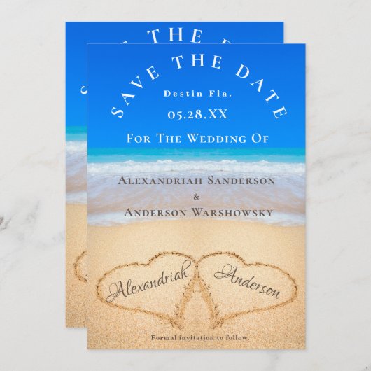 ビーチ結婚式2砂のハート日付の保存 招待状 (正面/裏面)