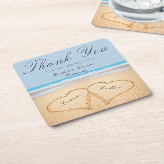 ビーチ結婚式2砂のハート結婚紙 スクエアペーパーコースター (アングル)