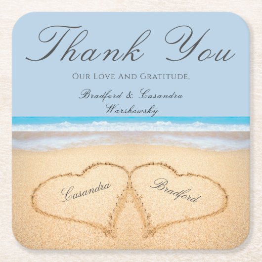 ビーチ結婚式2砂のハート結婚紙 スクエアペーパーコースター (正面)