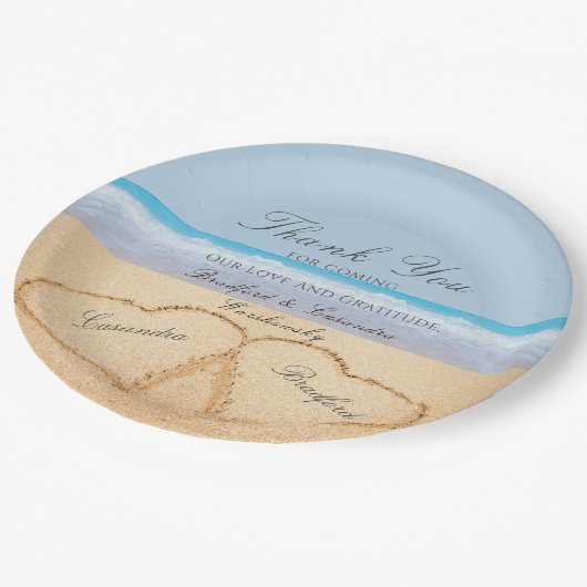ビーチ結婚式2砂のハート結婚紙 ペーパープレート (アングル)