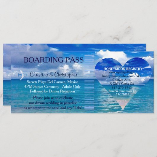 ビーチ結婚式|の搭乗券のチケット行先 招待状 (正面/裏面)