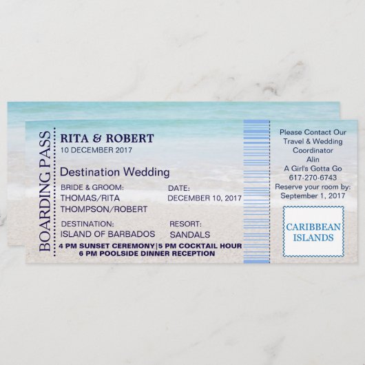 ビーチ結婚式|の搭乗券のチケット行先 招待状 (正面/裏面)