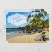 ビーチ結婚式 |ウミガメ |海 |ヤシの木 招待状 (正面/裏面)