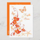 ビーチ結婚式 |砂、オレンジ、白 |花 招待状 (正面/裏面)