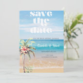 ビーチ結婚式、砂、ヤシの花の日付を保存 セーブザデート (スタンド正面)