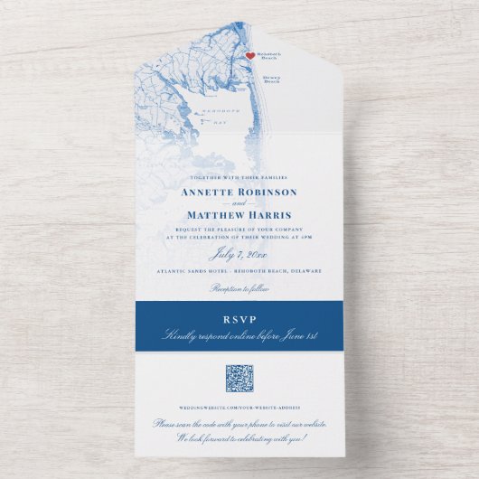 ビーチ結婚式QRコードのシールと送信の再起動 オールインワン招待状 (内側)